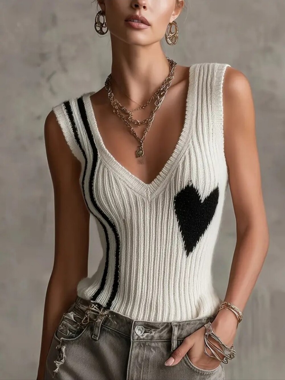 Women's Black and White Contrast Vest – V-neck Sleeveless Heart Jacquard Slim
